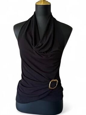 Zara Black Draped Halter with Gold Buckle Detail